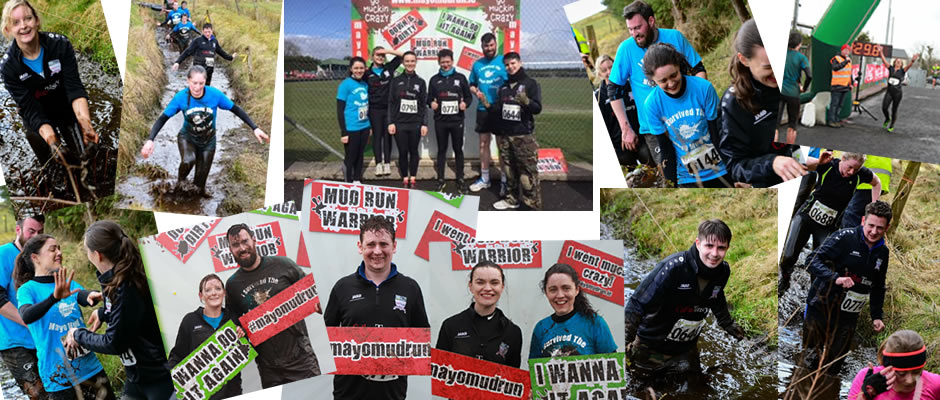 Collage Callan Tansey staff doing mud run