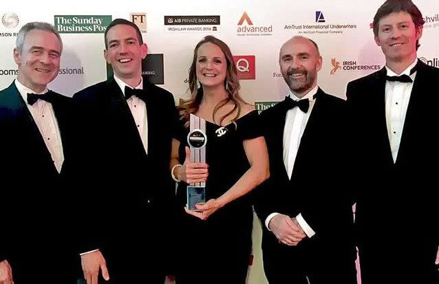 Partners at Callan Tansey Christopher Callan, Roger Murray, Niamh Ni Mhurchu, John Kelly & Brian Gill with Niamh holding award for Connaught Law Firm of the Year 2016